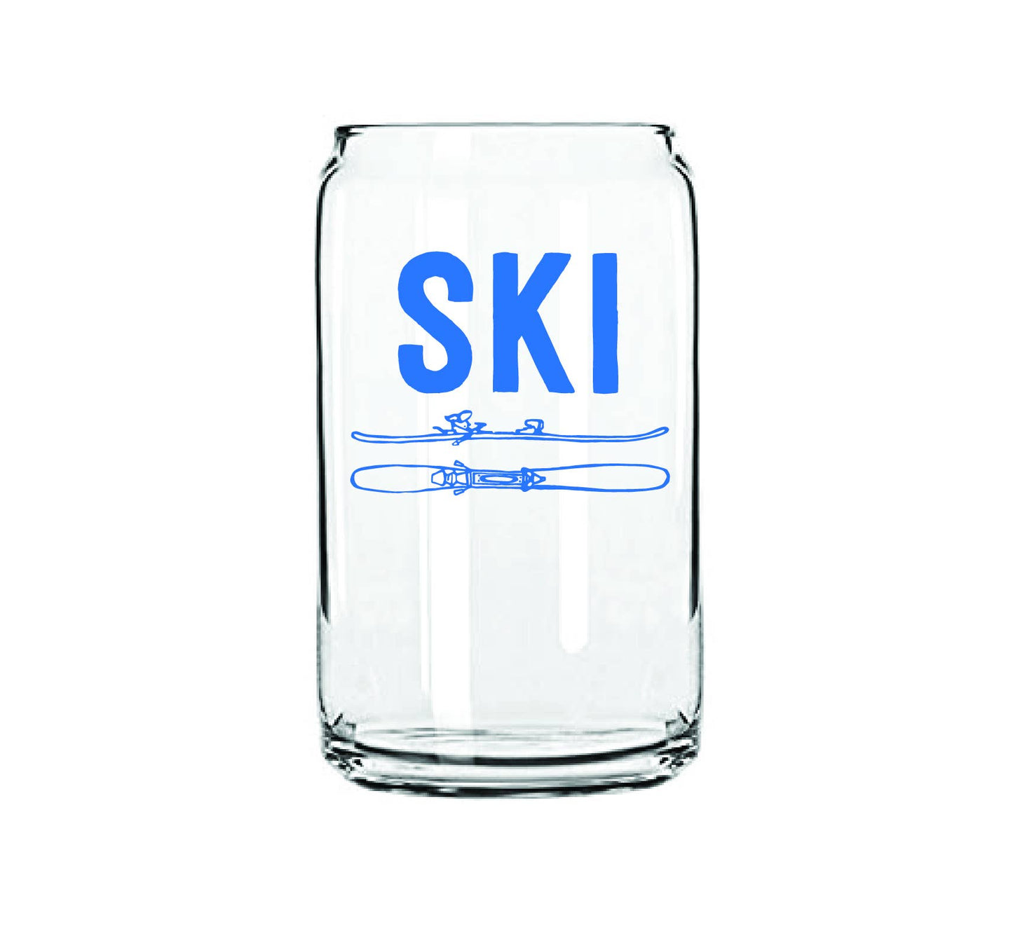 Clear glass with blue 'SKI' and ski design on a white background