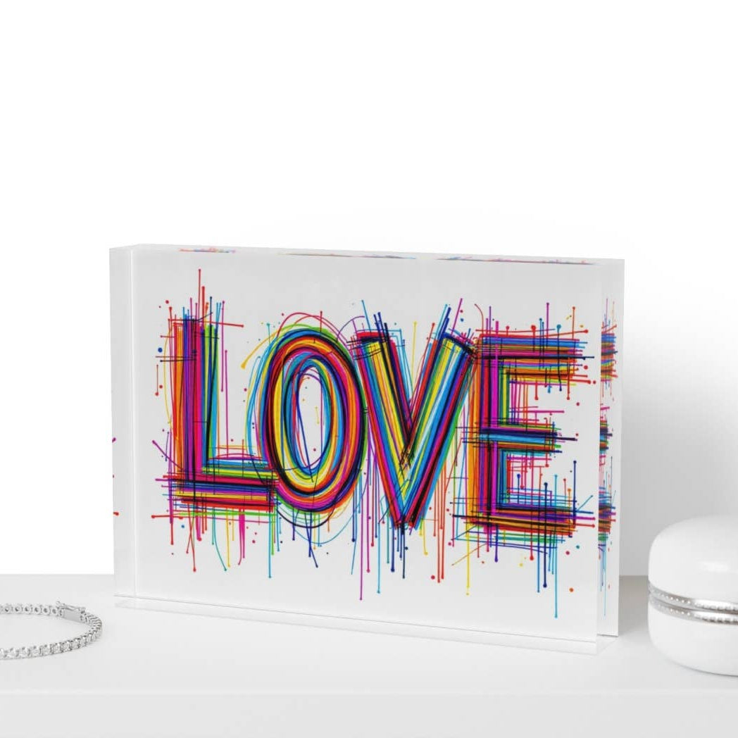 Colorful 'LOVE' sign on a white background with a candle and necklace.
