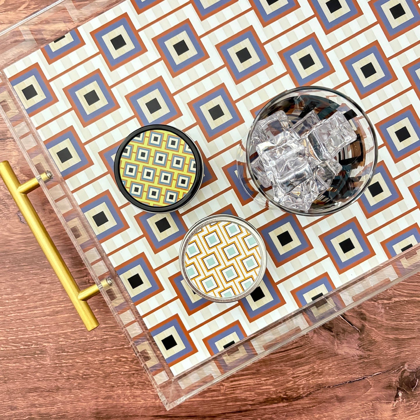 Squares Unaligned Rectangle Acrylic Tray with Gold Handle