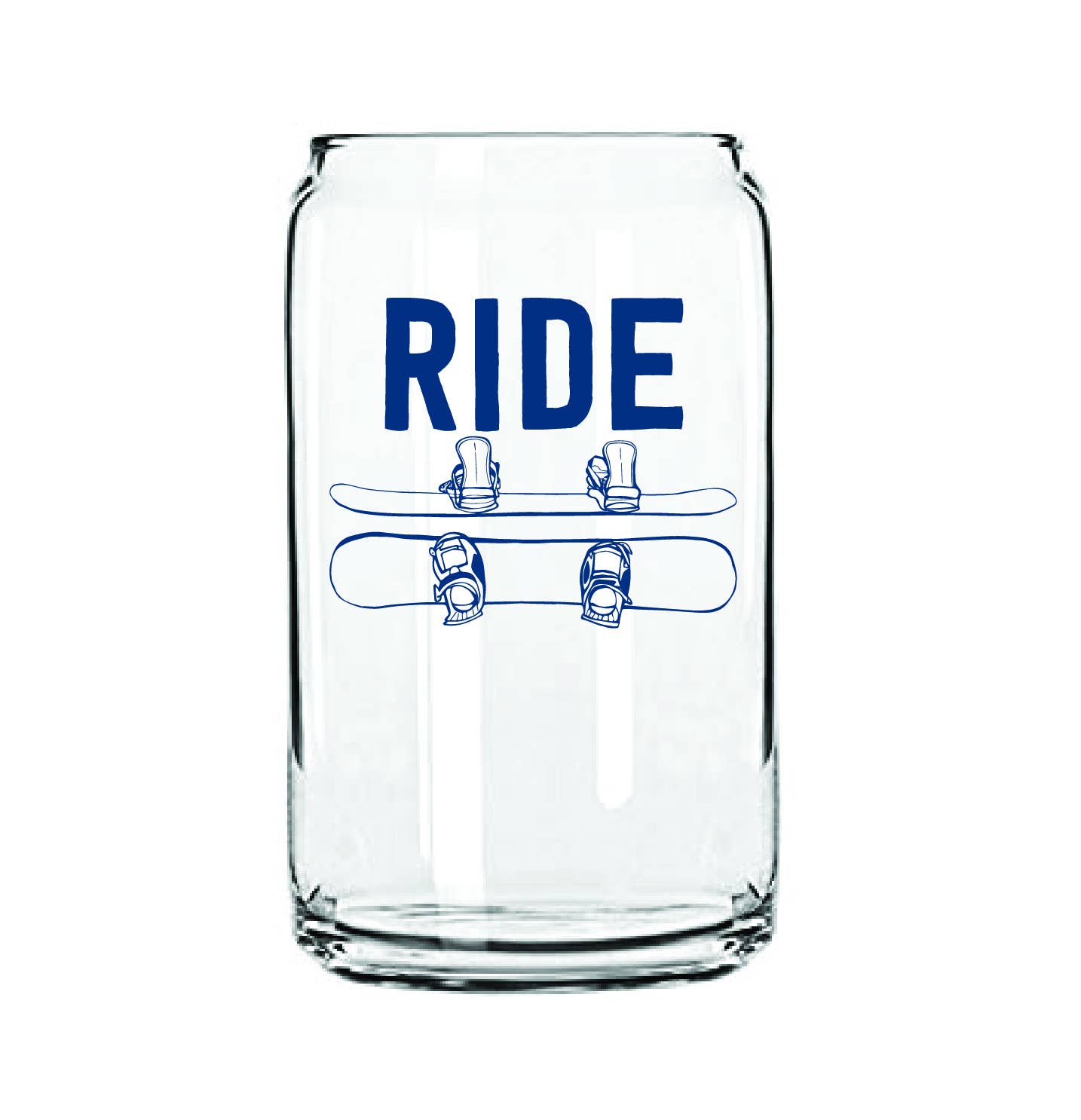 Clear glass tumbler with blue 'RIDE' and skateboard graphics on a white background