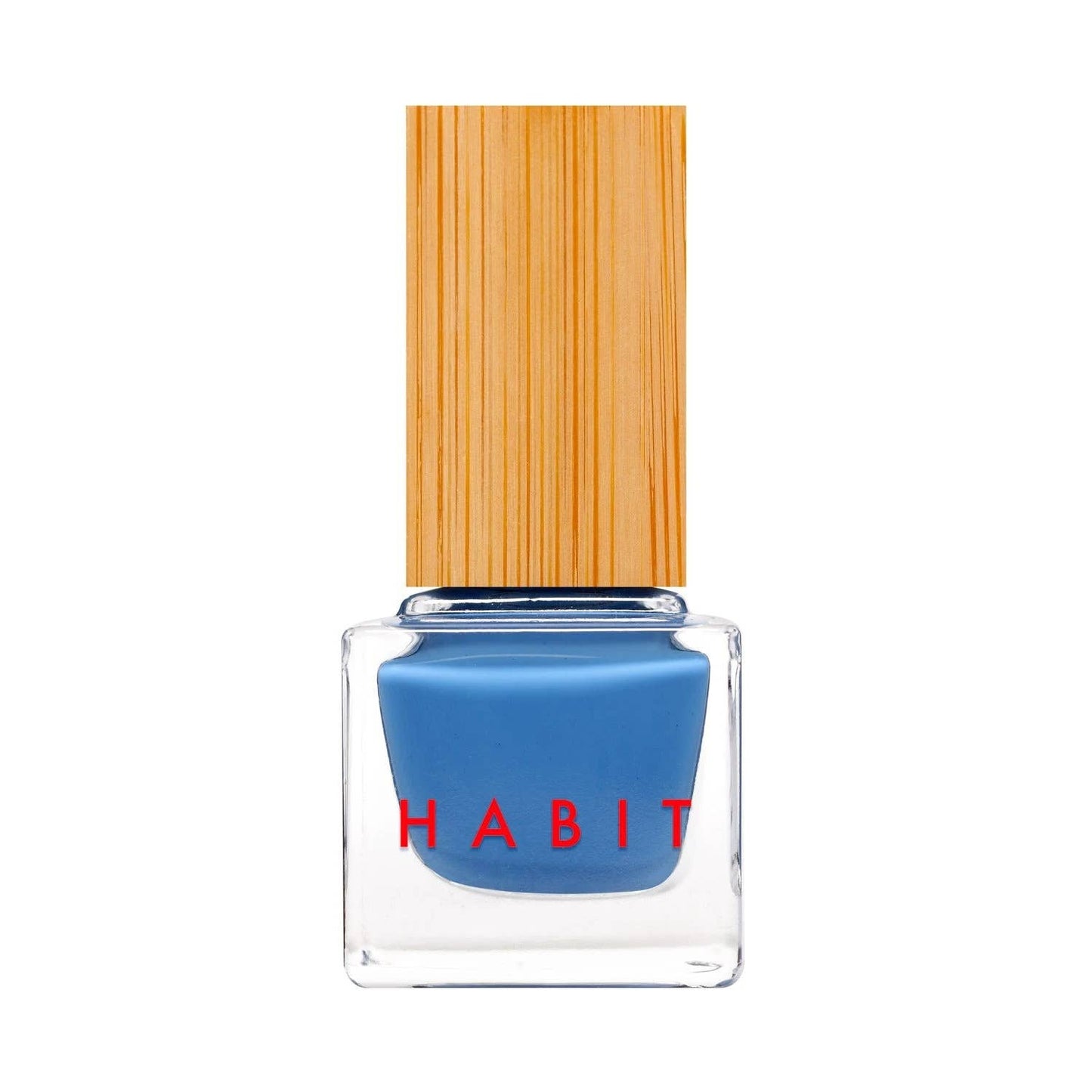 Blue nail polish bottle with a wooden cap on a white background