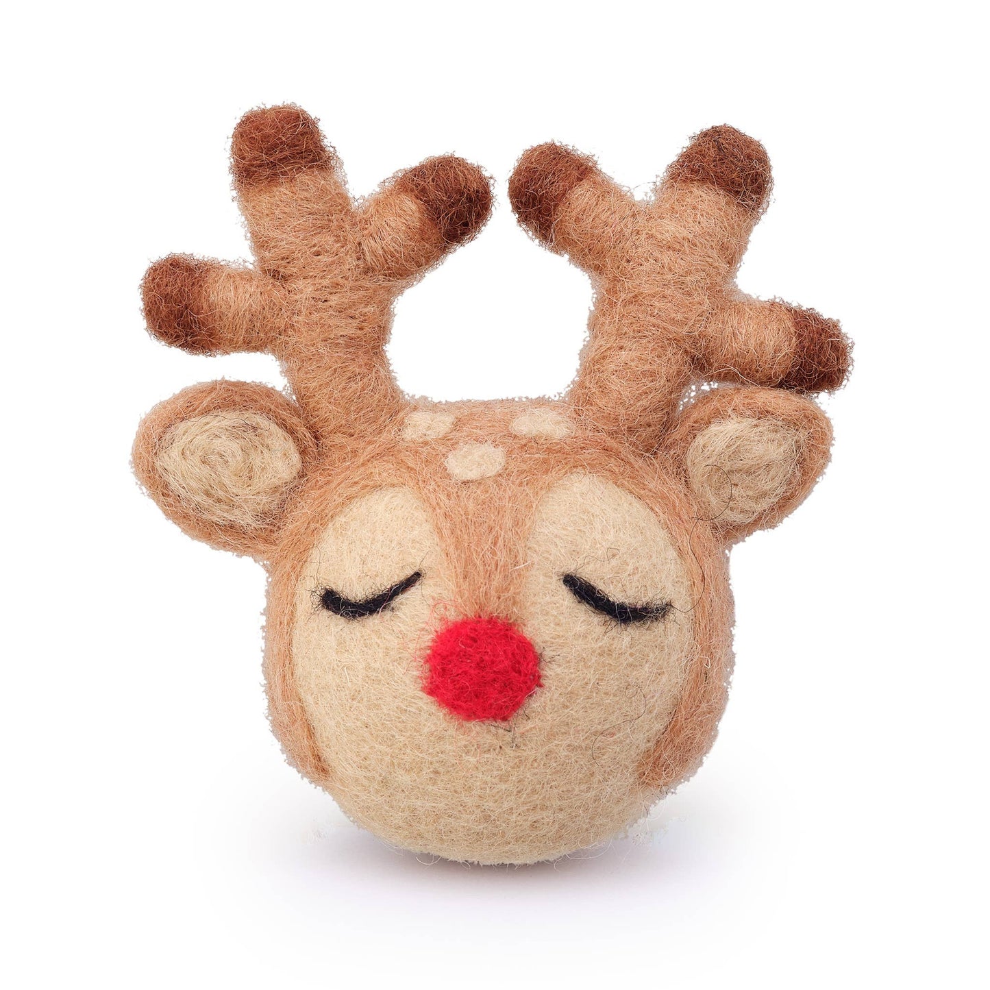 Stuffed reindeer toy with closed eyes and a red nose on a white background