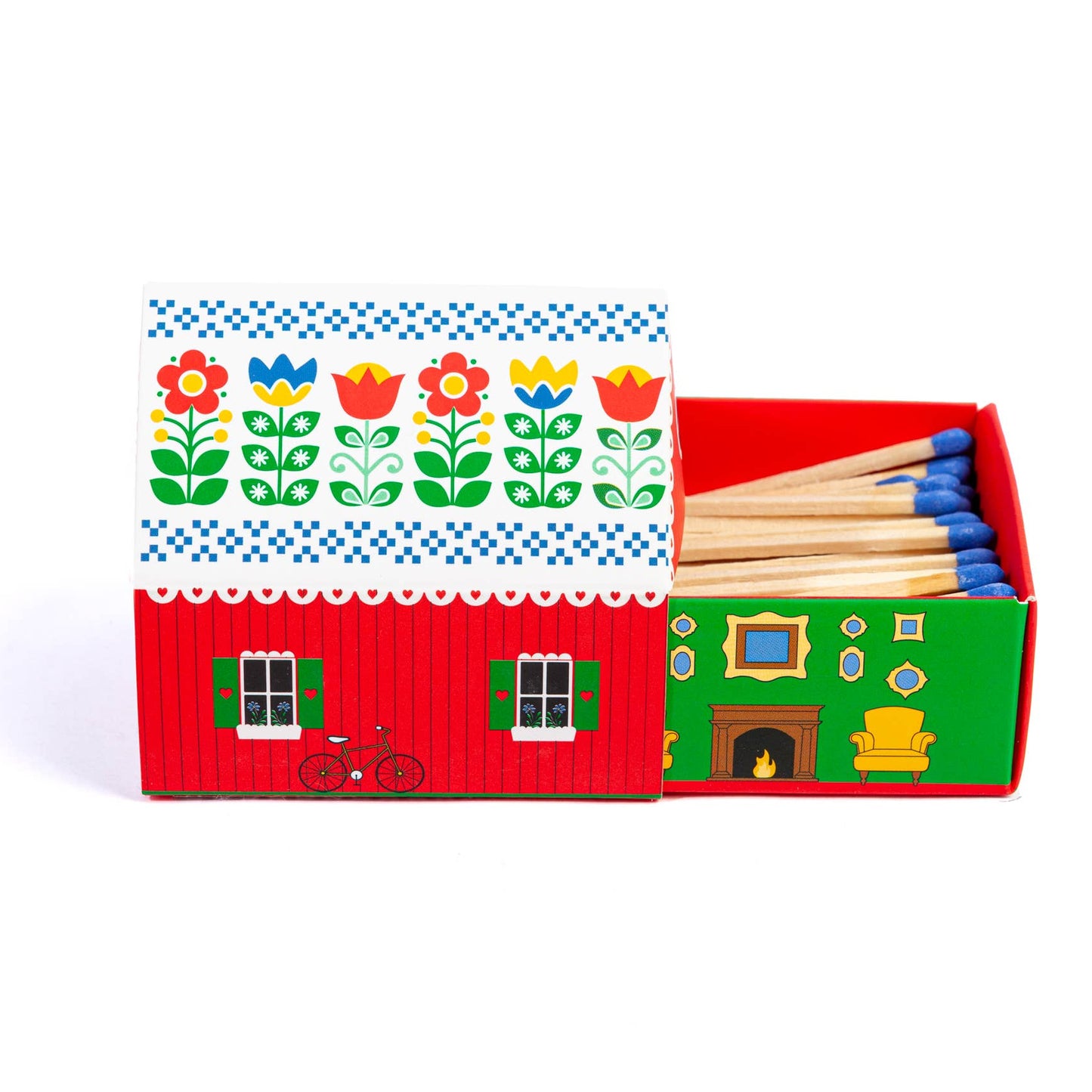 Colorful matchbox with floral design on top and house illustration on bottom, open to reveal matches.