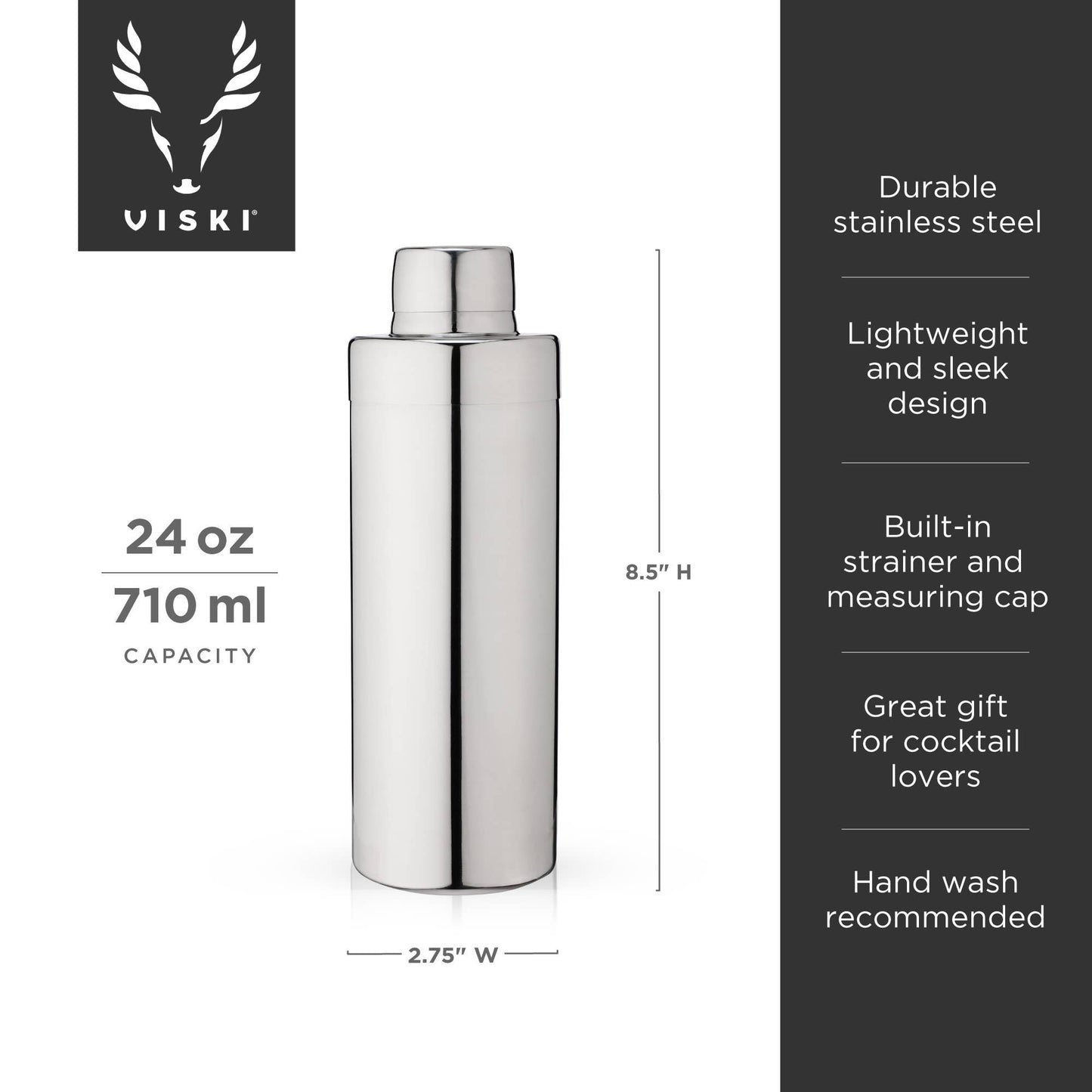 Viski | Harrison Element Polished Stainless Steel Cocktail Shaker