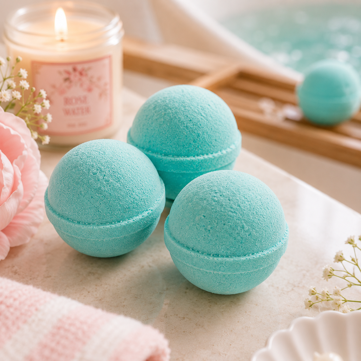 Three round turquoise bath bombs arranged on a light stone surface beside a pink candle, a pink flower, and a blurred bathtub scene in the background.