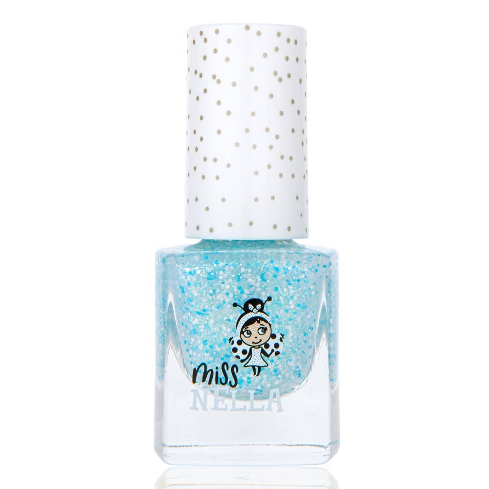 Nail polish bottle with blue glittery polish and white cap on a white background