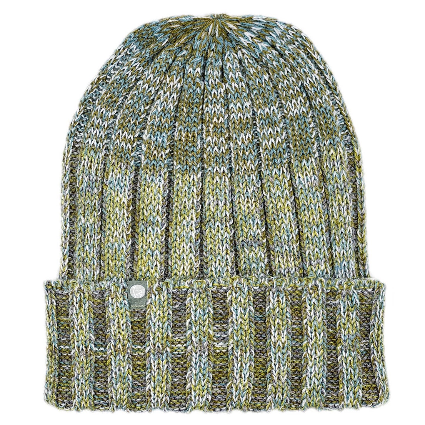 Knitted beanie with a mix of green, blue, and gray colors on a white background