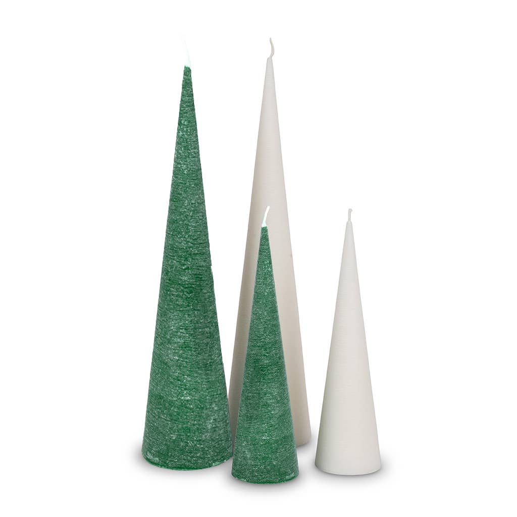 Set of three cone-shaped candles in green and white on a white background
