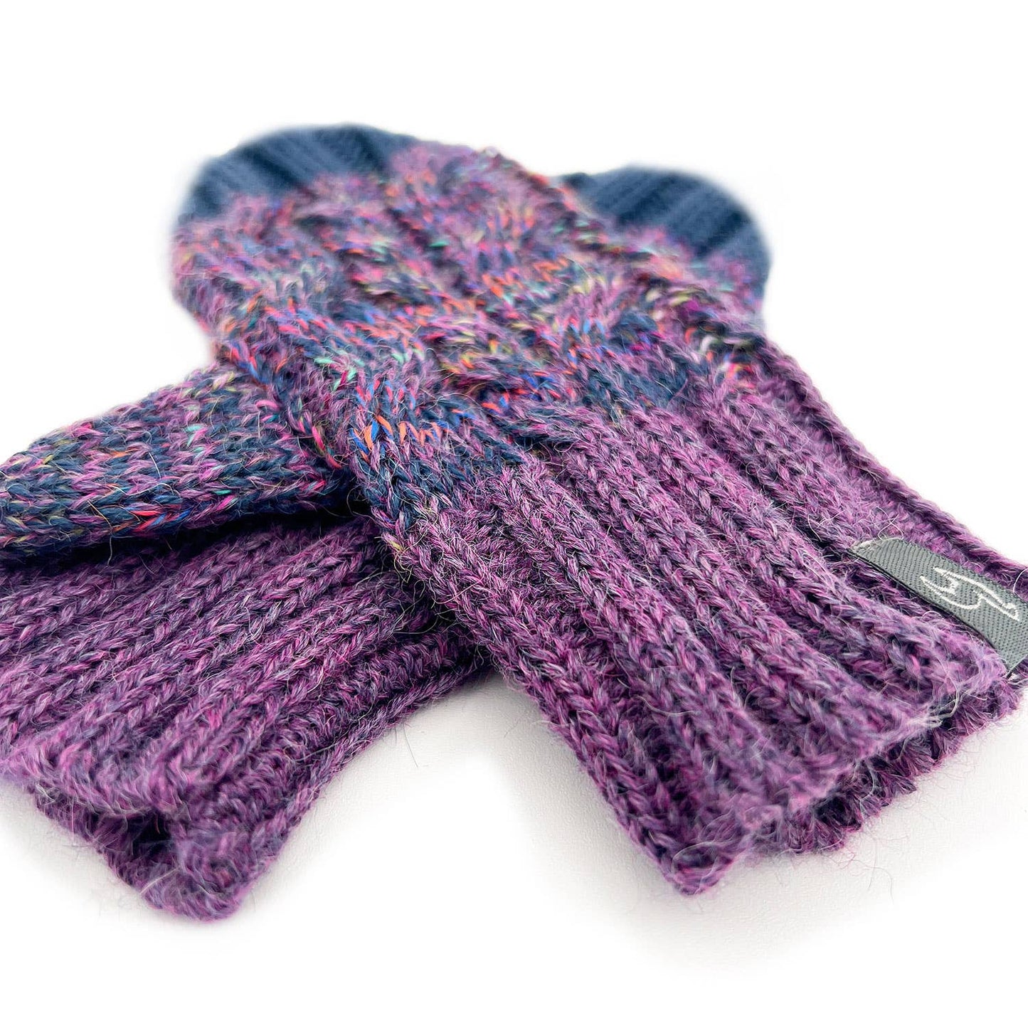 Purple knitted gloves with a brand label on a white background