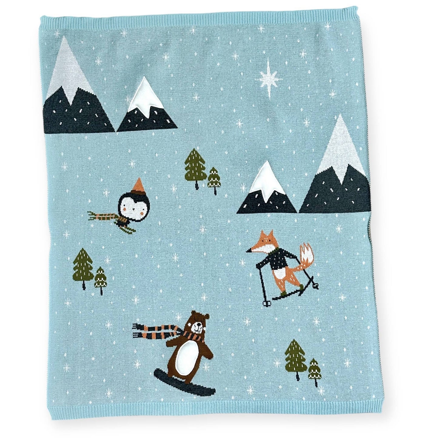Viverano Organics | Fox & Bear Ski 3D | Organic Jacquard Knit Baby Blanket