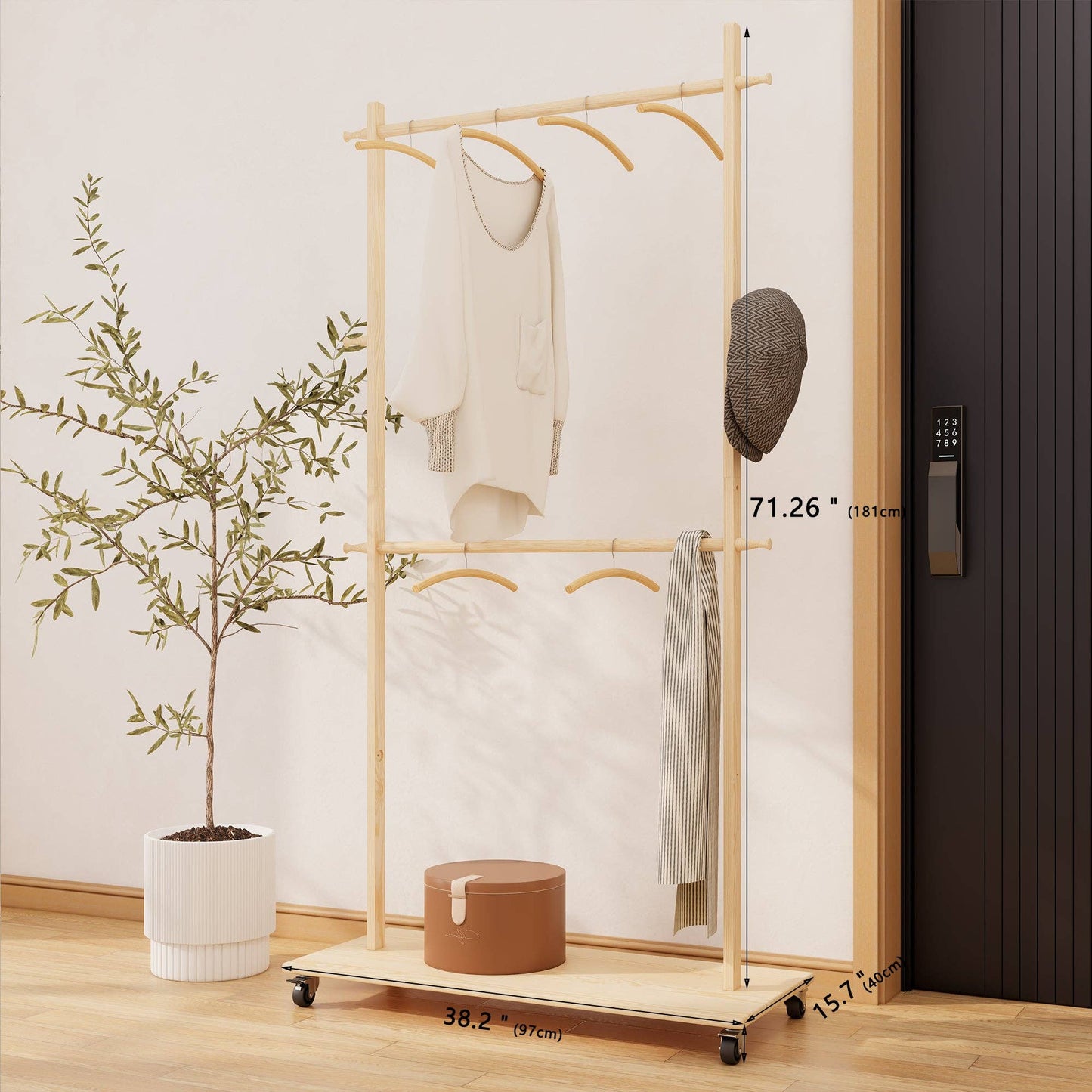 Solid Wood Garment Rack with Shelf, Wheels & 6 Hangers