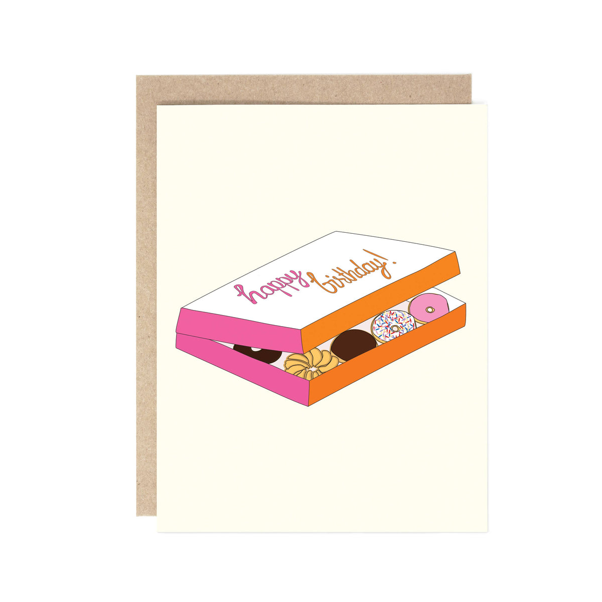 A birthday greeting card with a kraft envelope, featuring an illustration of an open donut box with the words 'Happy Birthday!' on a cream card background.