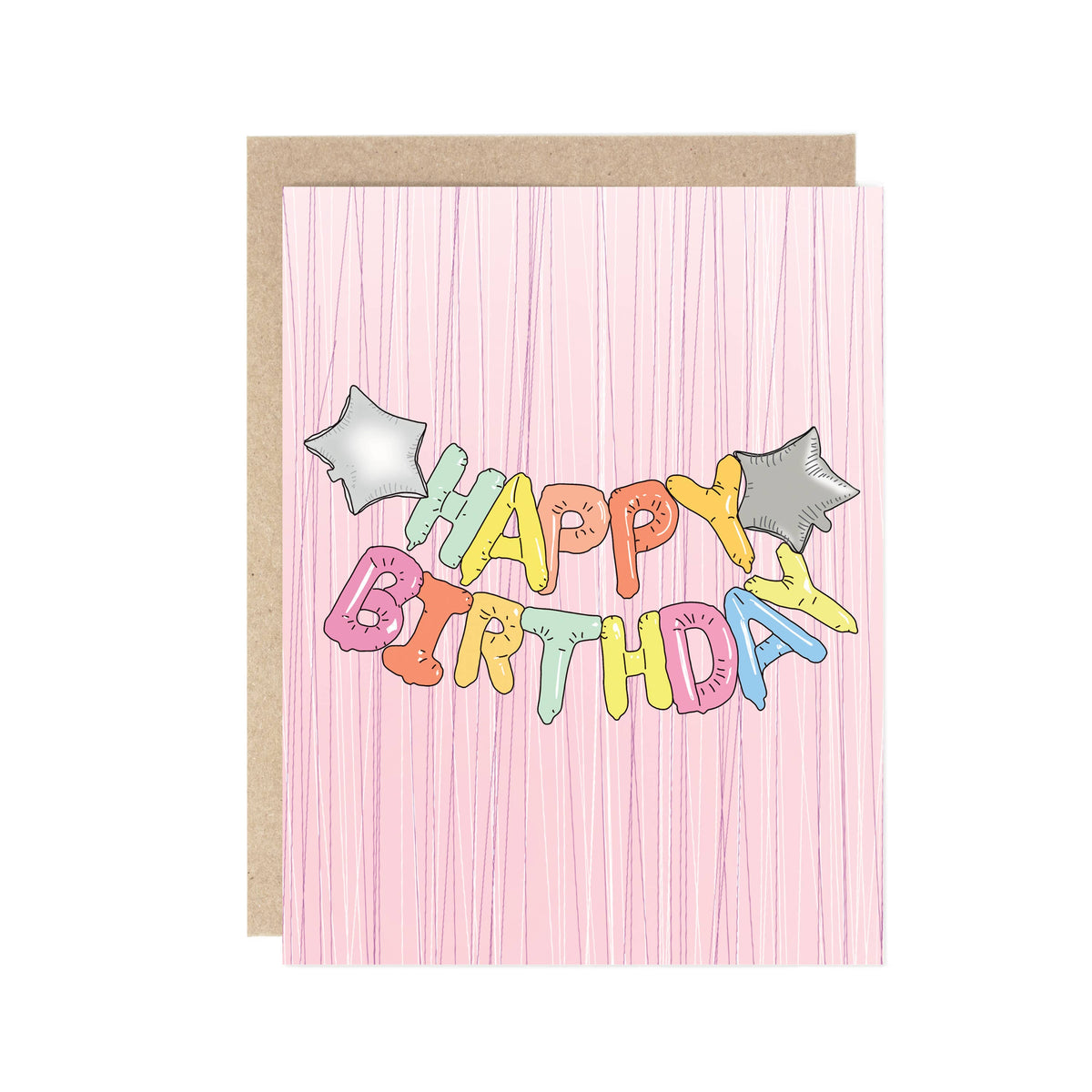 A pink striped birthday card with 'HAPPY BIRTHDAY' in colorful balloon-style letters, shown with a brown kraft envelope behind it on a white background.