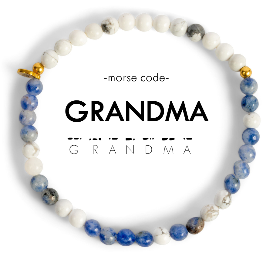 Beaded bracelet with 'GRANDMA' in Morse code on a white background