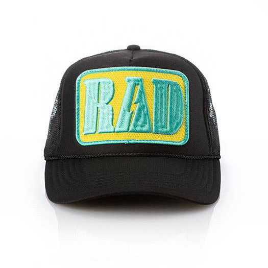 Black trucker cap with 'RAD' patch on a white background