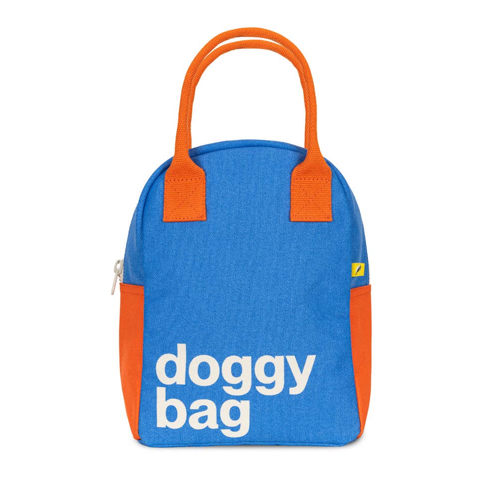 Blue and orange bag labeled 'doggy bag' on a white background