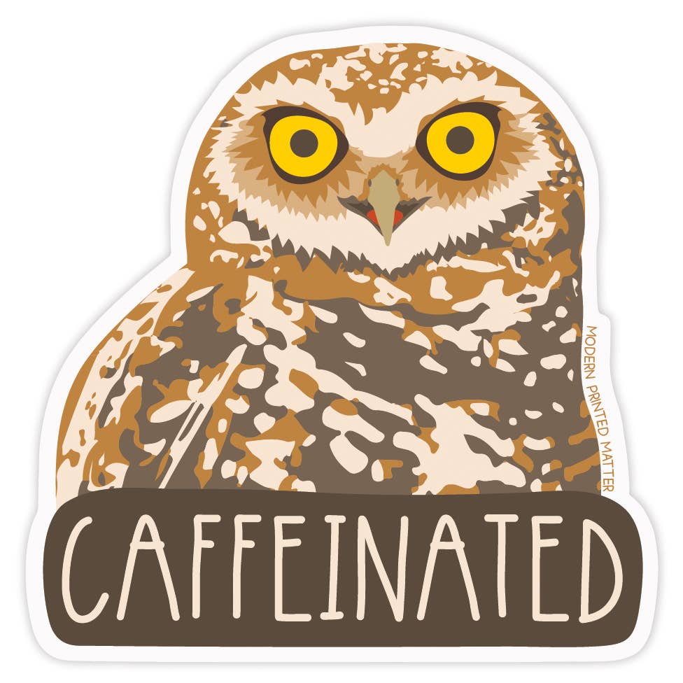 Owl sticker with 'CAFFEINATED' text on a white background