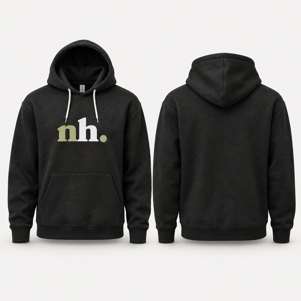 A black pullover hoodie shown from both front and back views against a light gray background. The front features a white drawstring and a graphic logo on the chest reading 'nh.