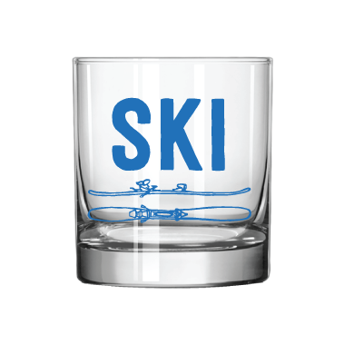 Clear glass with blue 'SKI' and ski design on a white background