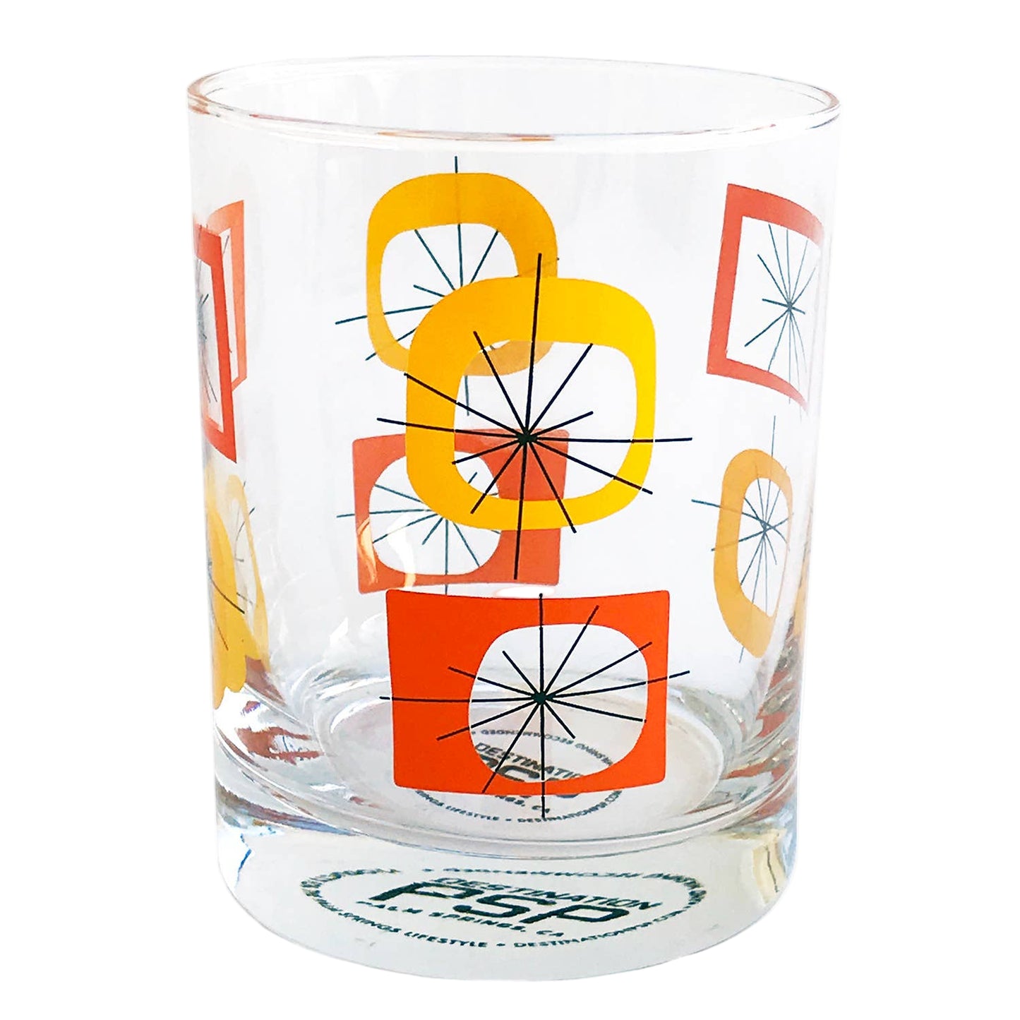 Clear glass with colorful geometric design on a white background