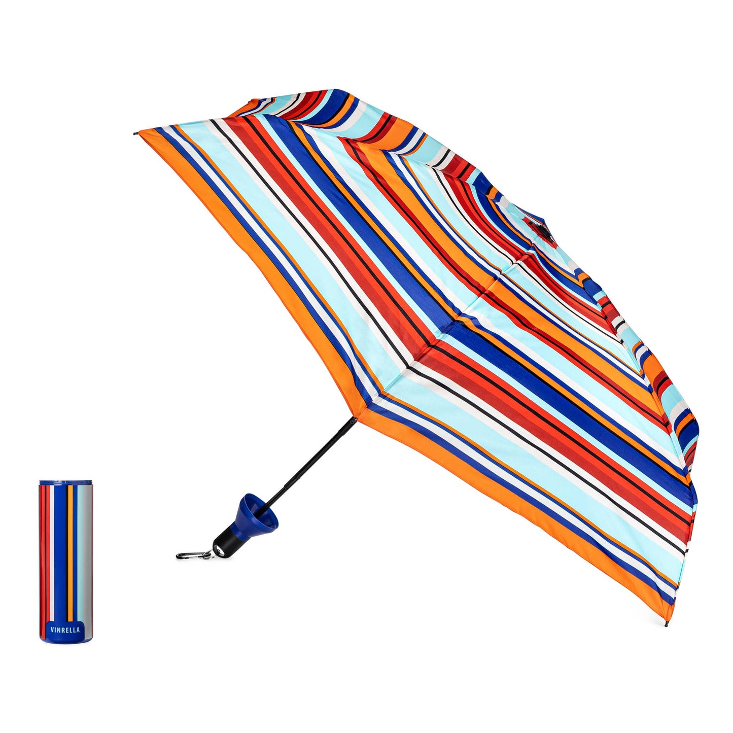 Colorful striped umbrella with a matching water bottle on a white background