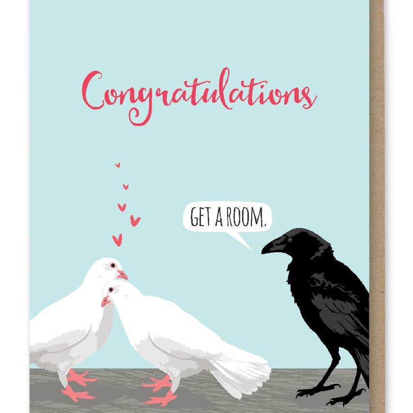 Card with a white dove and black crow on a light blue background, featuring the text 'Congratulations get a room'.