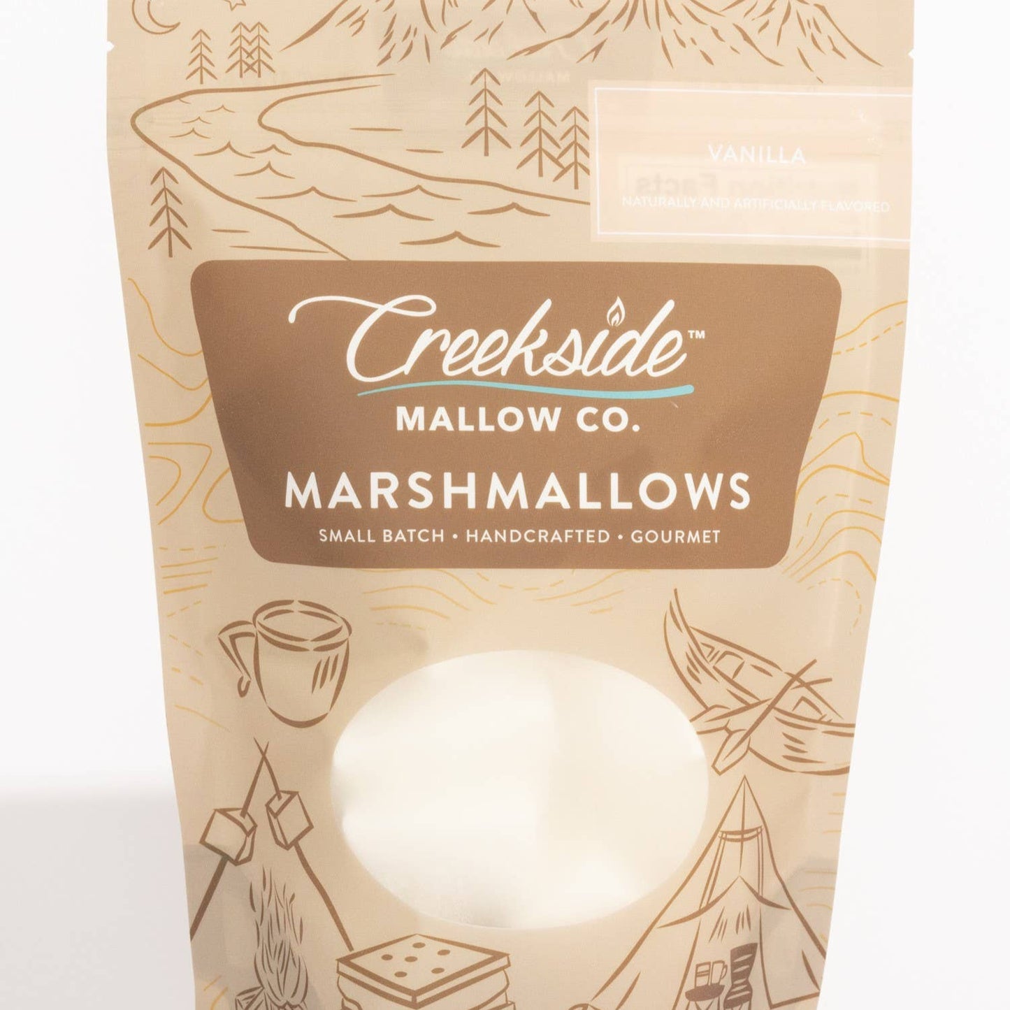 Packaging of Creekside Mallow Co. marshmallows with nature-themed illustrations on a beige background.
