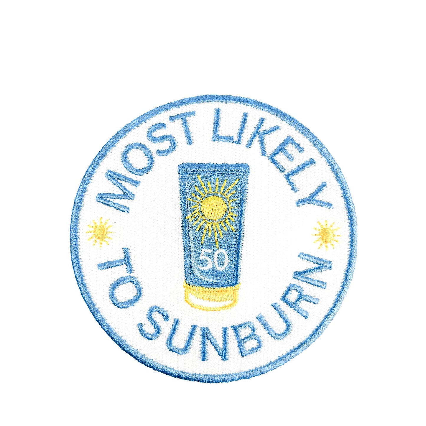 Embroidered patch with a sunblock tube and text 'Most Likely to Sunburn' on a white background