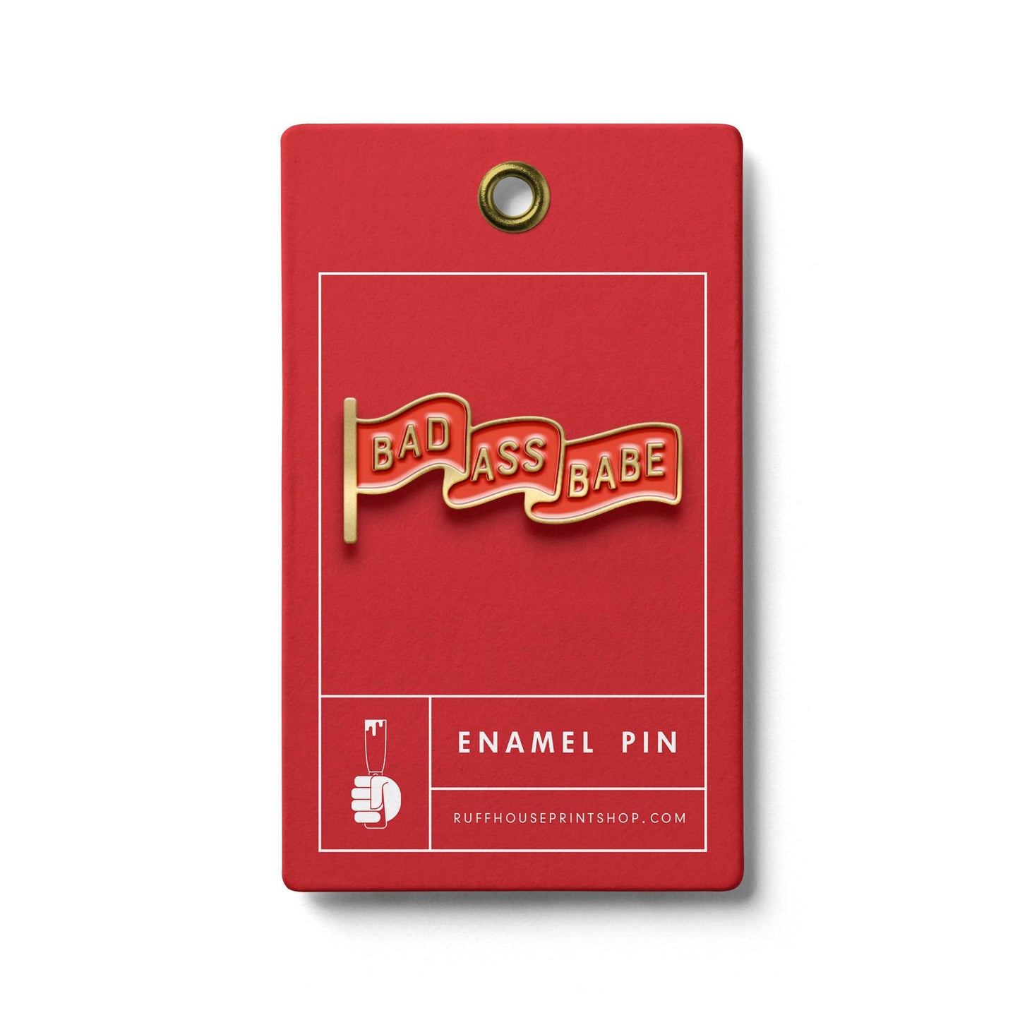 Enamel pin with 'Bad Ass Babe' design on a red card
