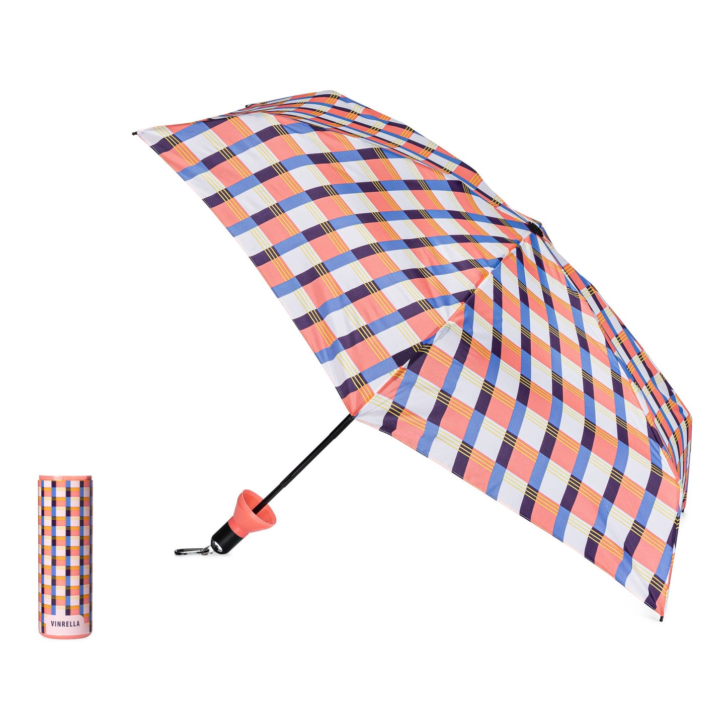 Plaid patterned umbrella with a matching folded case on a white background