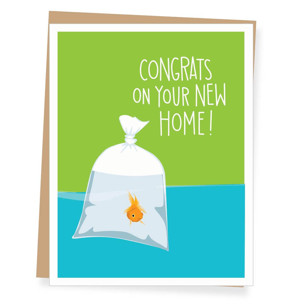 Greeting card with a fish in a bag illustration and 'Congrats on Your New Home!' text on a green and blue background.