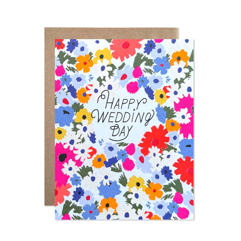 Greeting card with colorful floral pattern and 'Happy Wedding Day' text on a white background