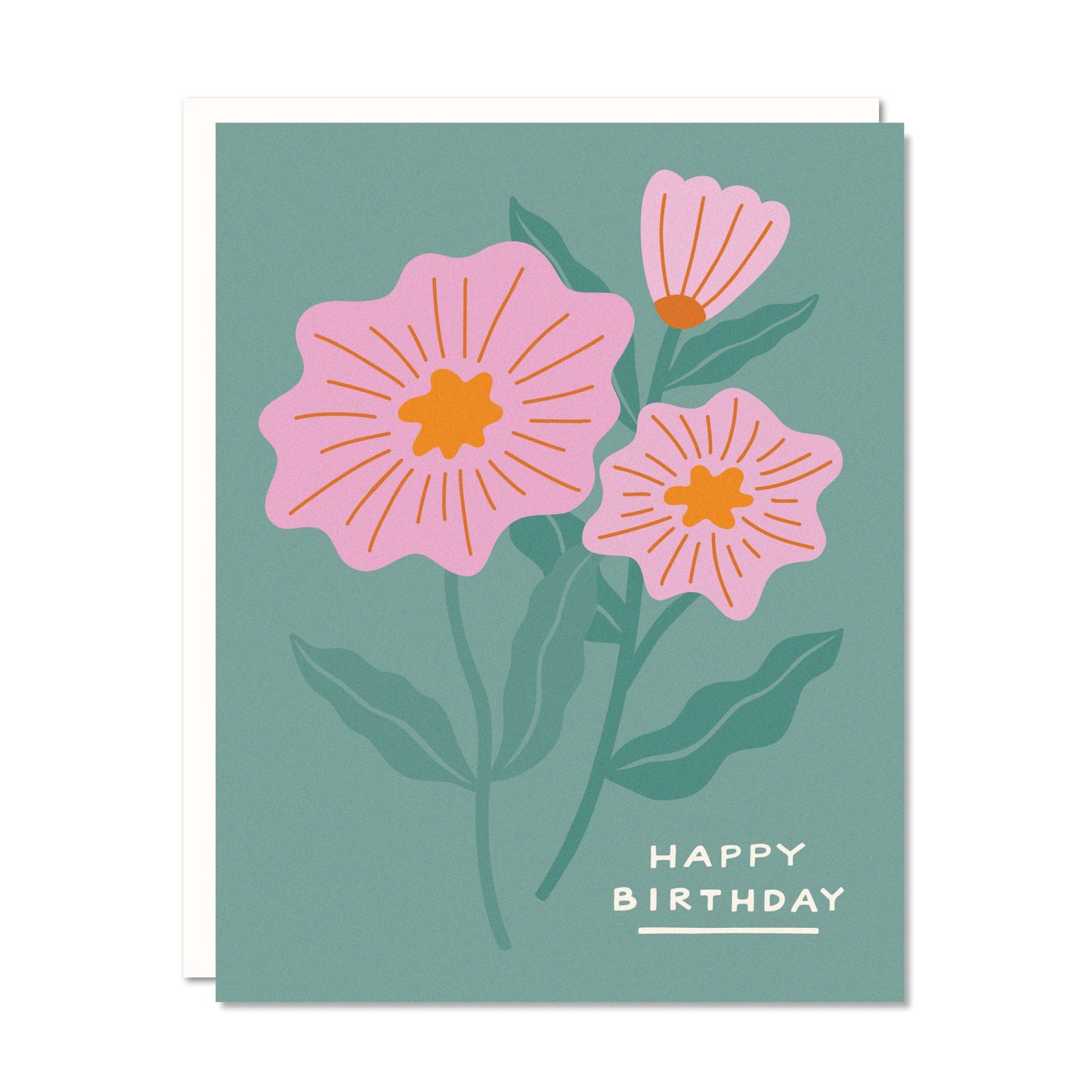 Greeting card with pink flowers and 'Happy Birthday' text on a green background