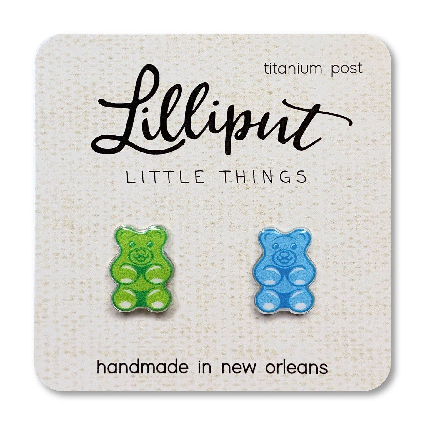 Gummy bear-shaped earrings on a Lilliput Little Things card with 'handmade in New Orleans' text.