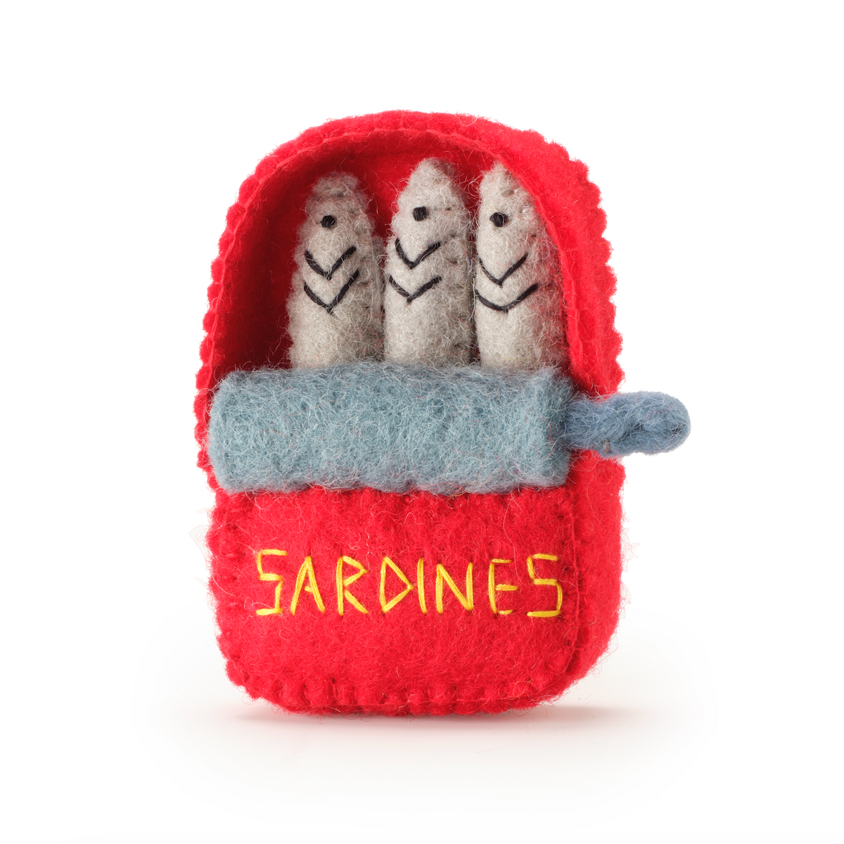 Knitted cat toy of a can of sardines with three fish inside