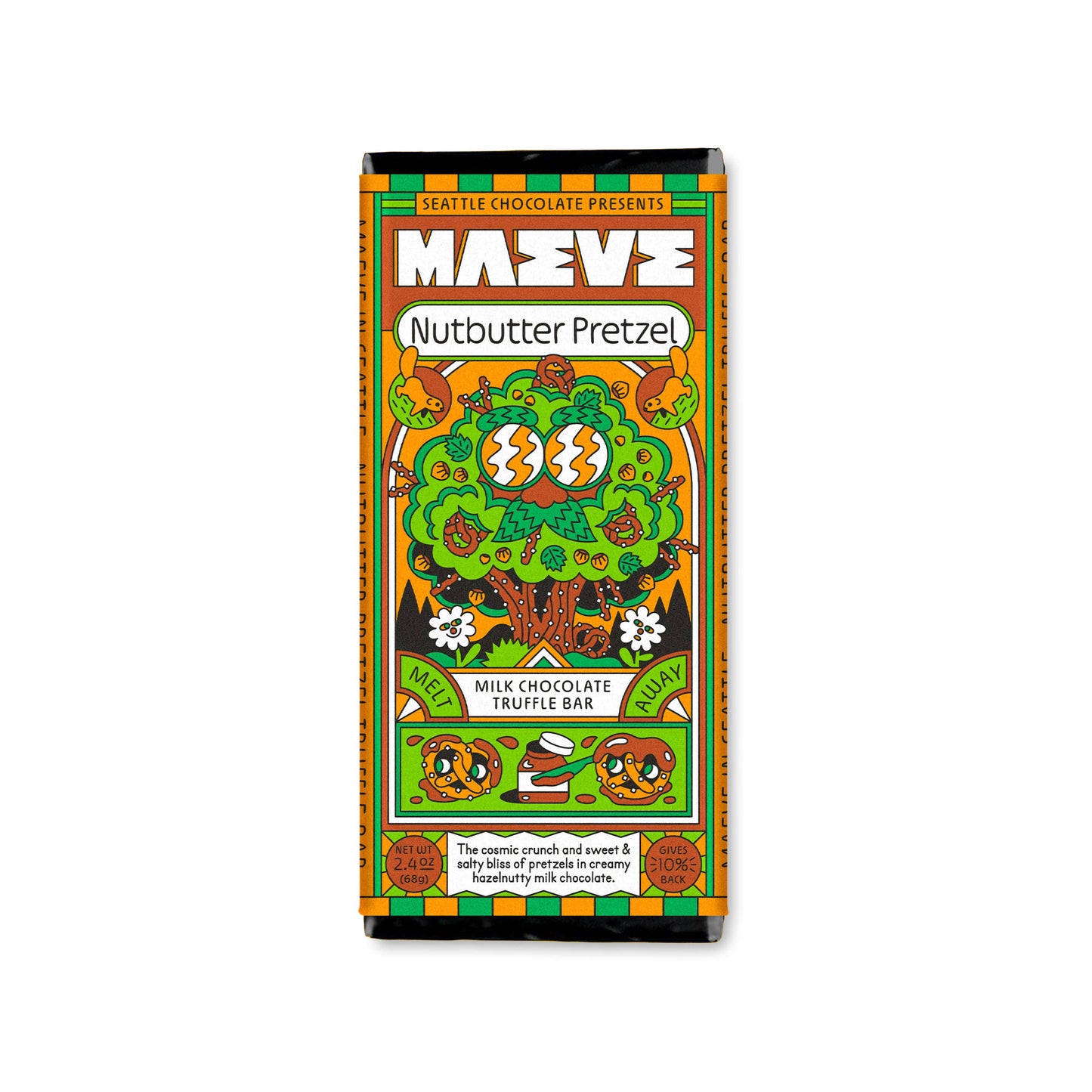 Maeve Nutbutter Pretzel chocolate bar packaging on a white background