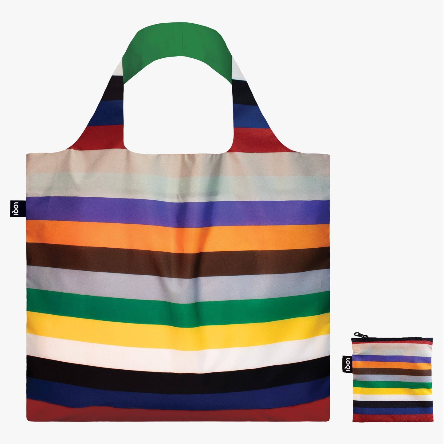 Multicolored striped tote bag with matching pouch on a white background