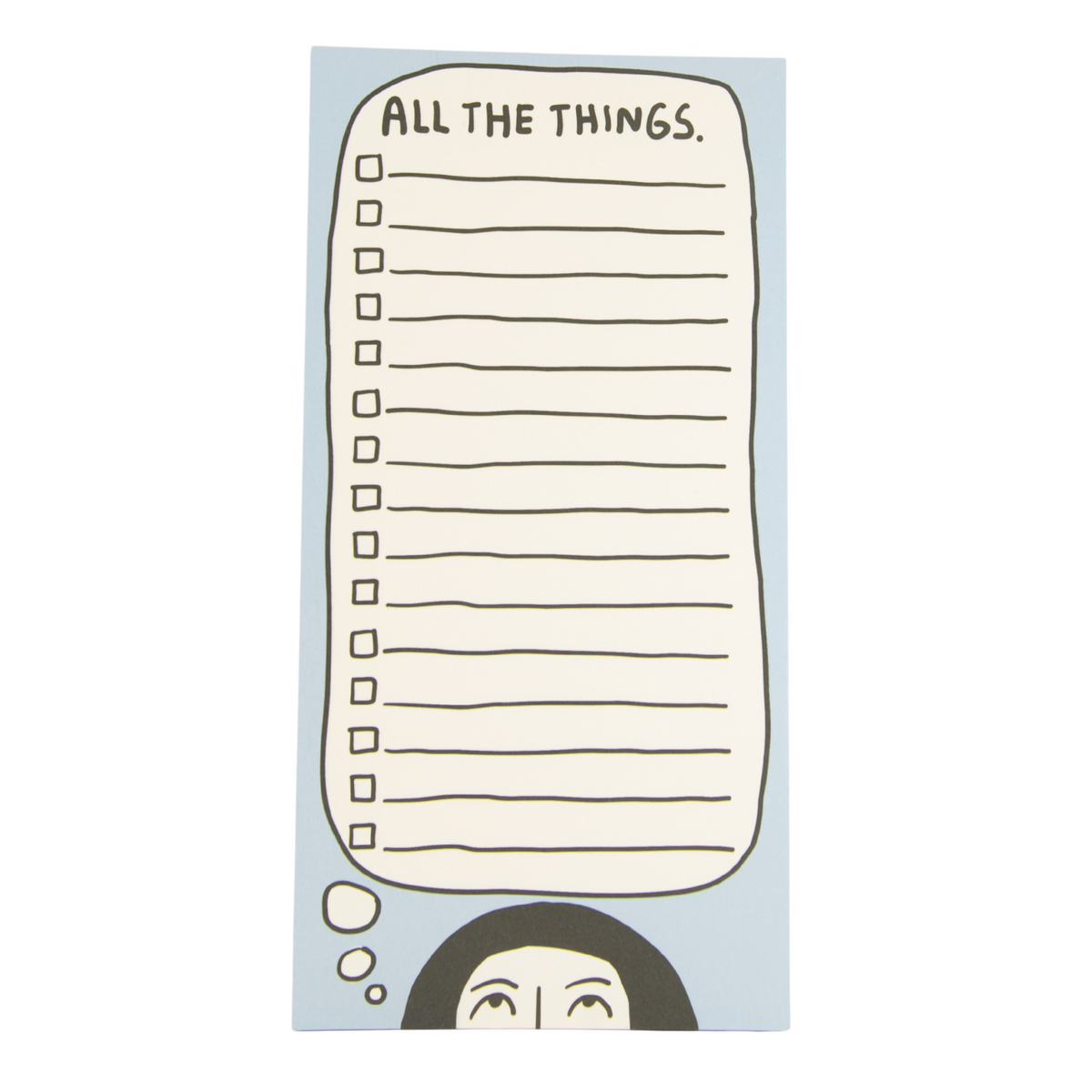Notepad with checklist titled 'All the things.' on a light blue background