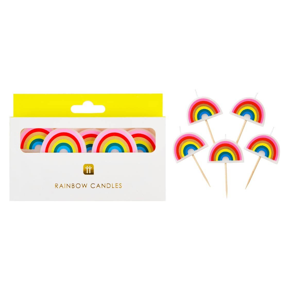 Packaged rainbow candles with a yellow top and white box on a white background