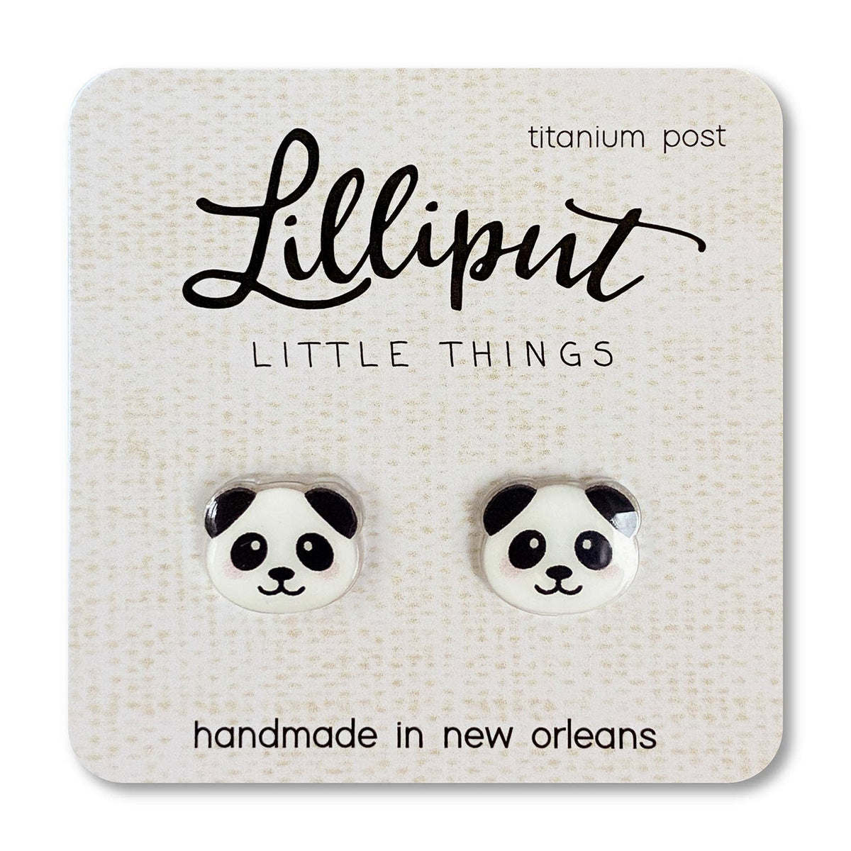 Panda-shaped earrings on a Lilliput Little Things branded card.