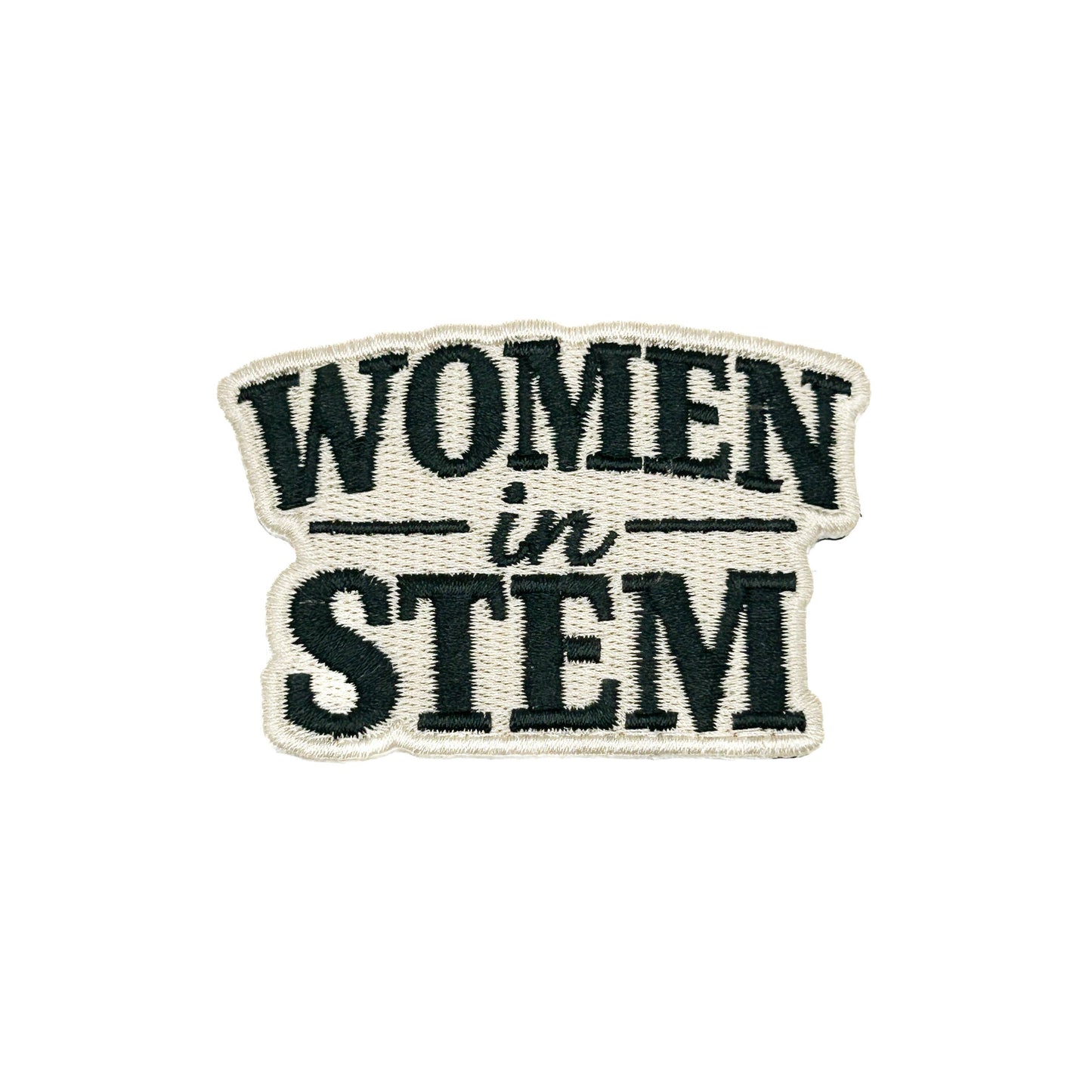 Patch with 'Women in STEM' text on a white background
