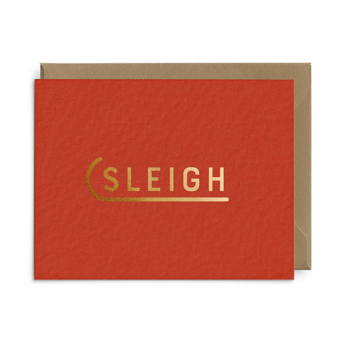 Red card with gold 'SLEIGH' text on a white background
