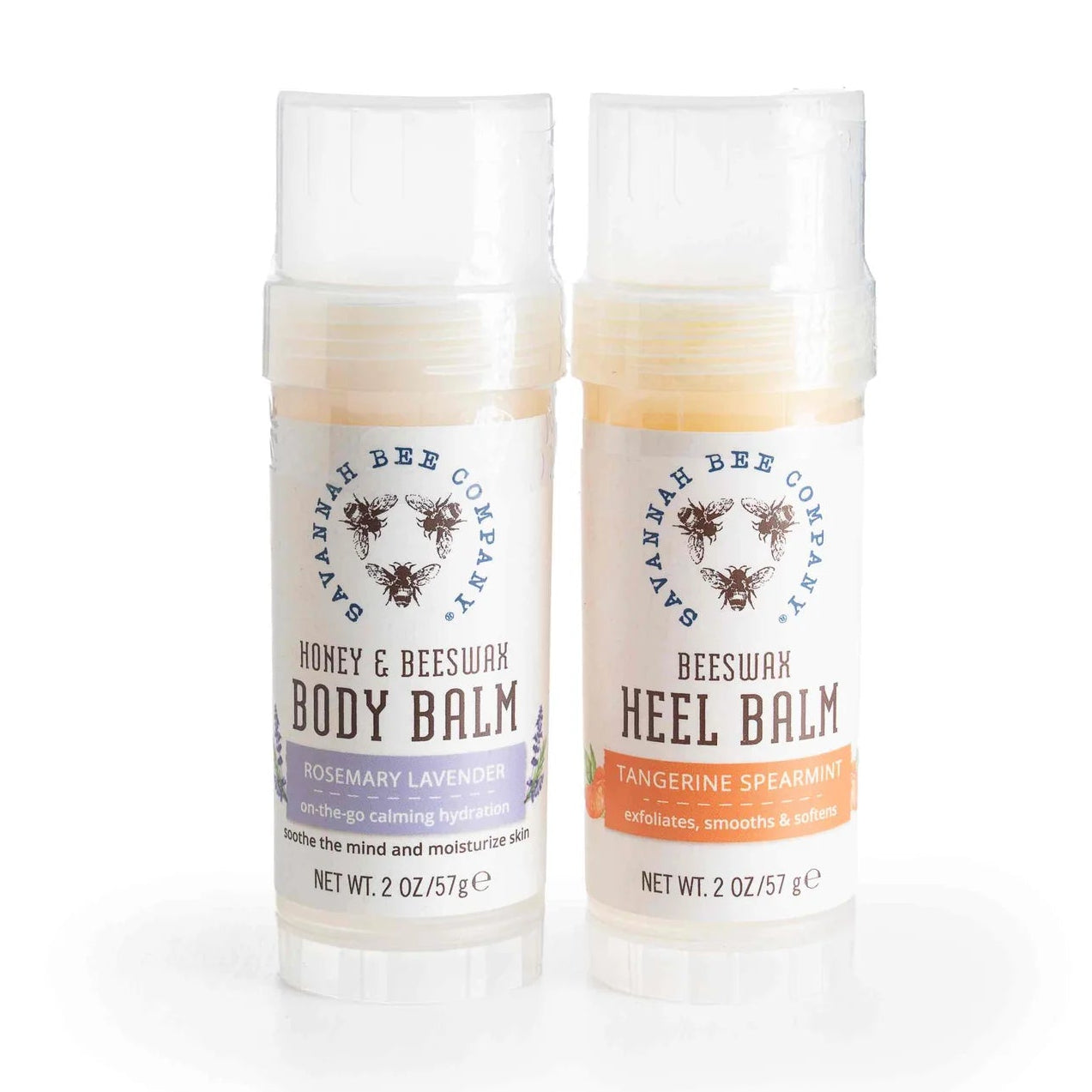 Two balm bottles labeled 'Body Balm' and 'Heel Balm' on a white background