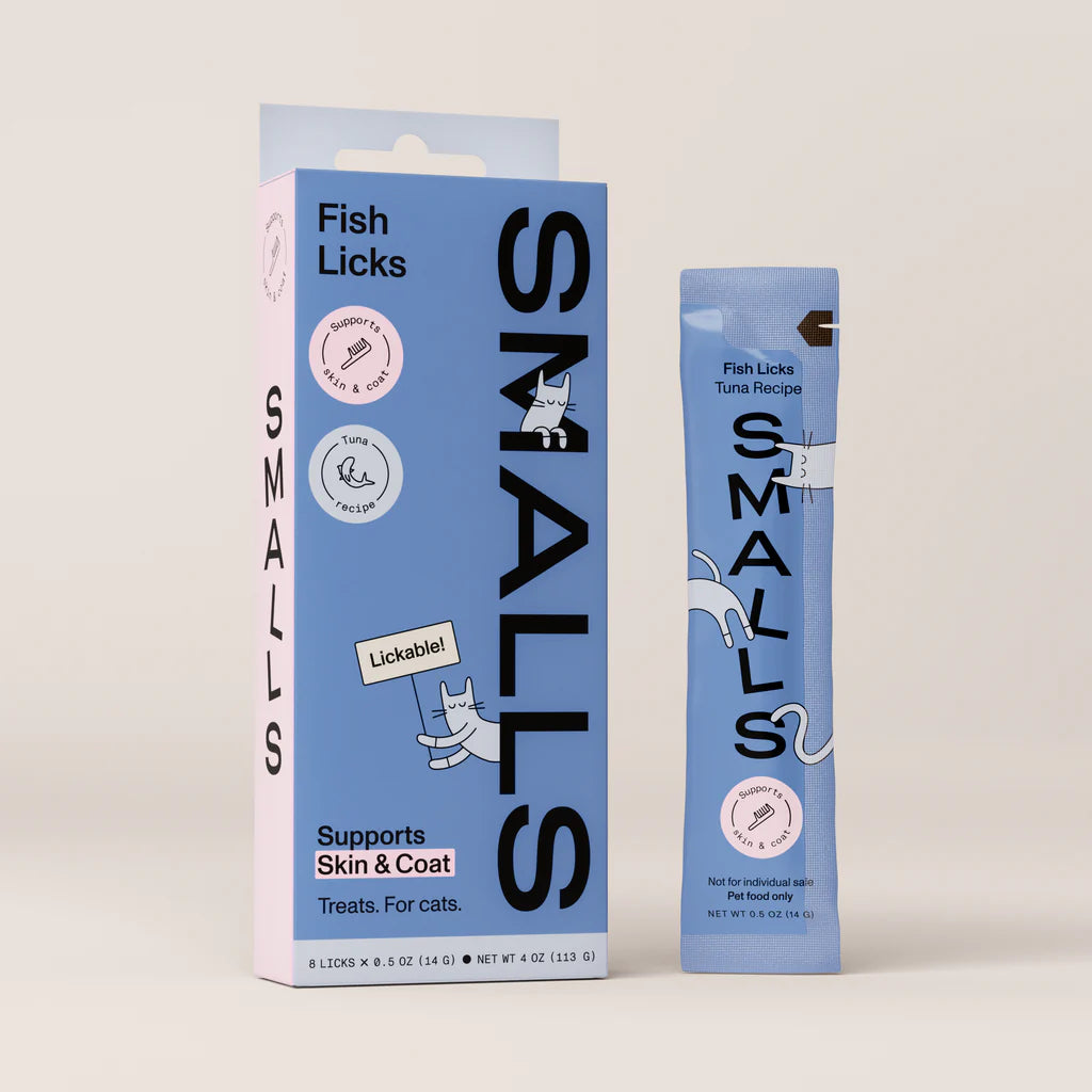SMALLS Fish Licks packaging for cats on a light gray background