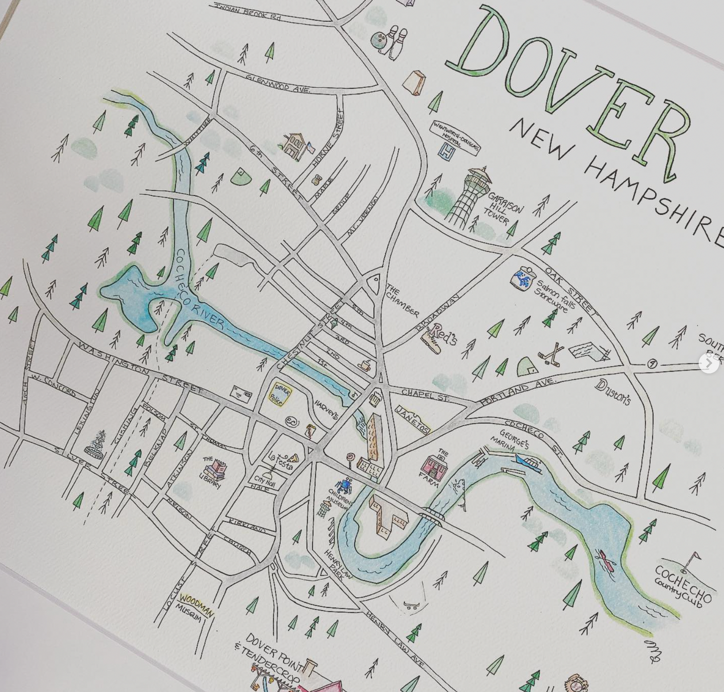 Dover, New Hampshire Hand Painted Map Card