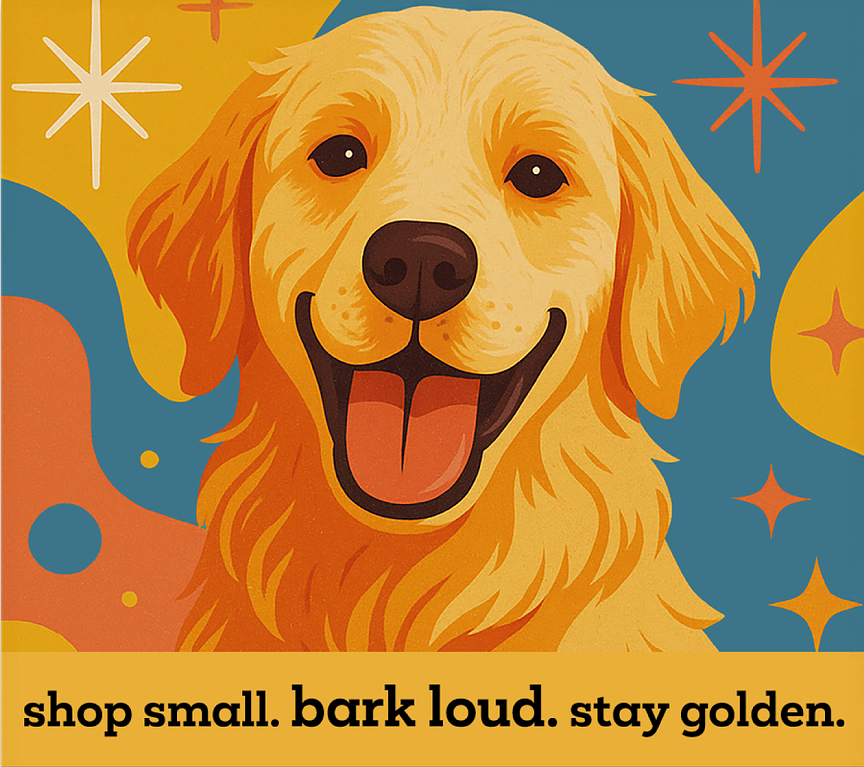 Illustration of a golden retriever with a colorful background and text.