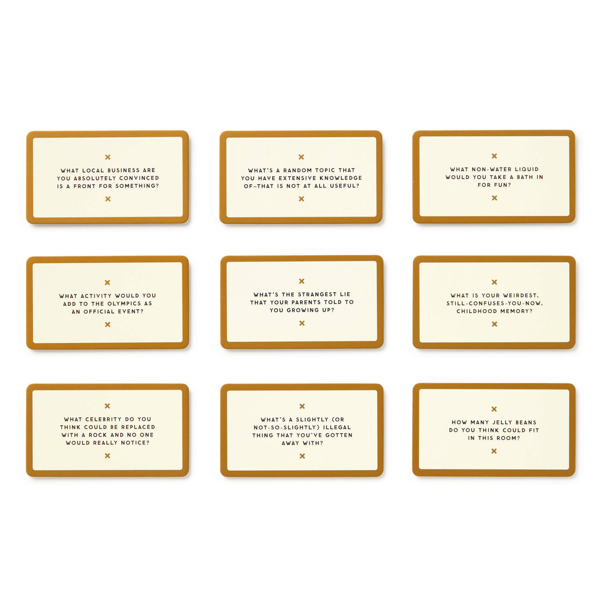Set of cards with humorous and thought-provoking questions on a white background