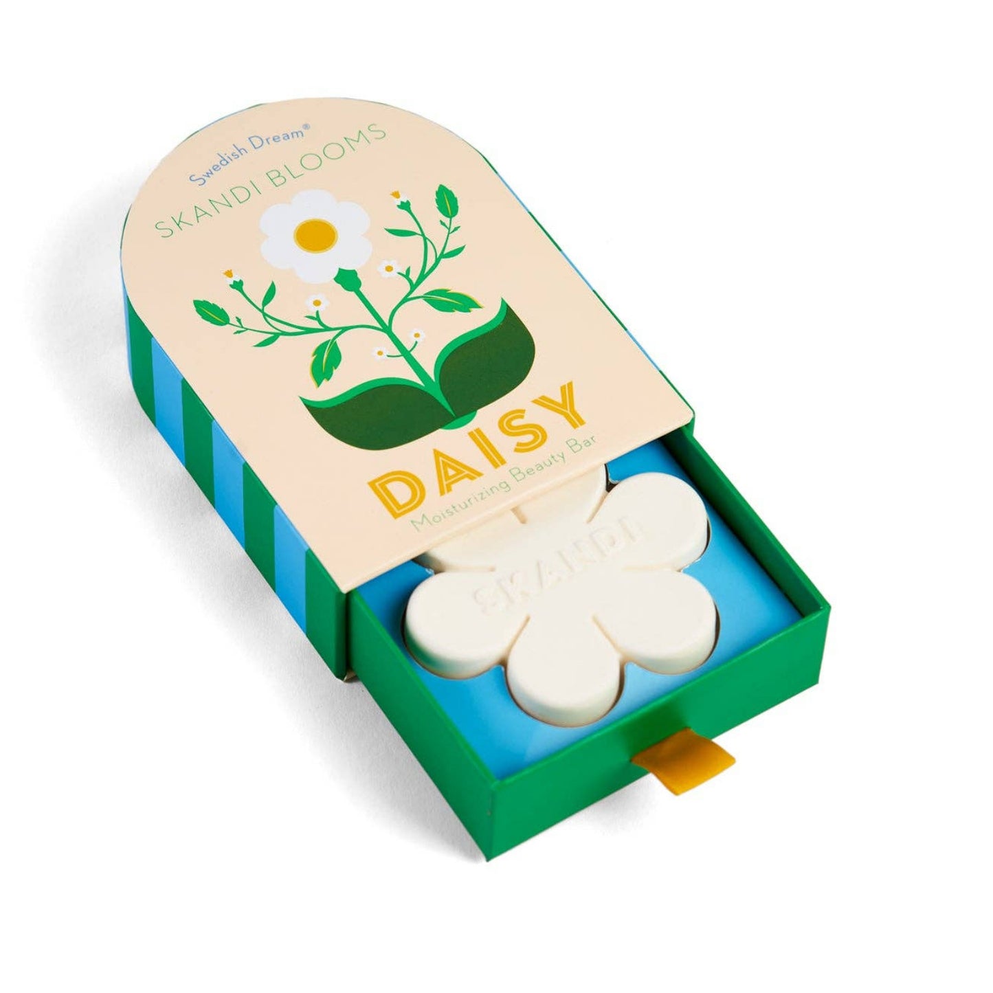 Soap in a box with a daisy design on a white background