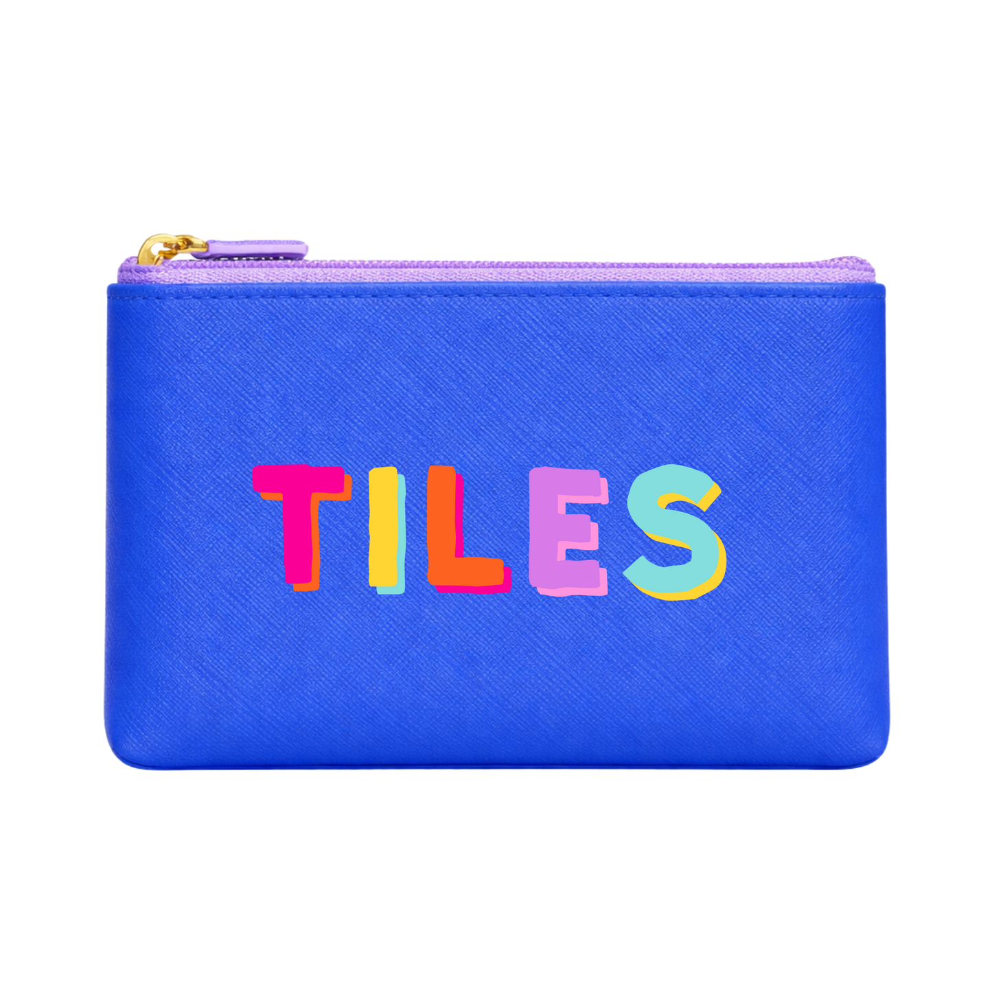 Blue pouch with colorful 'TILES' text on a white background