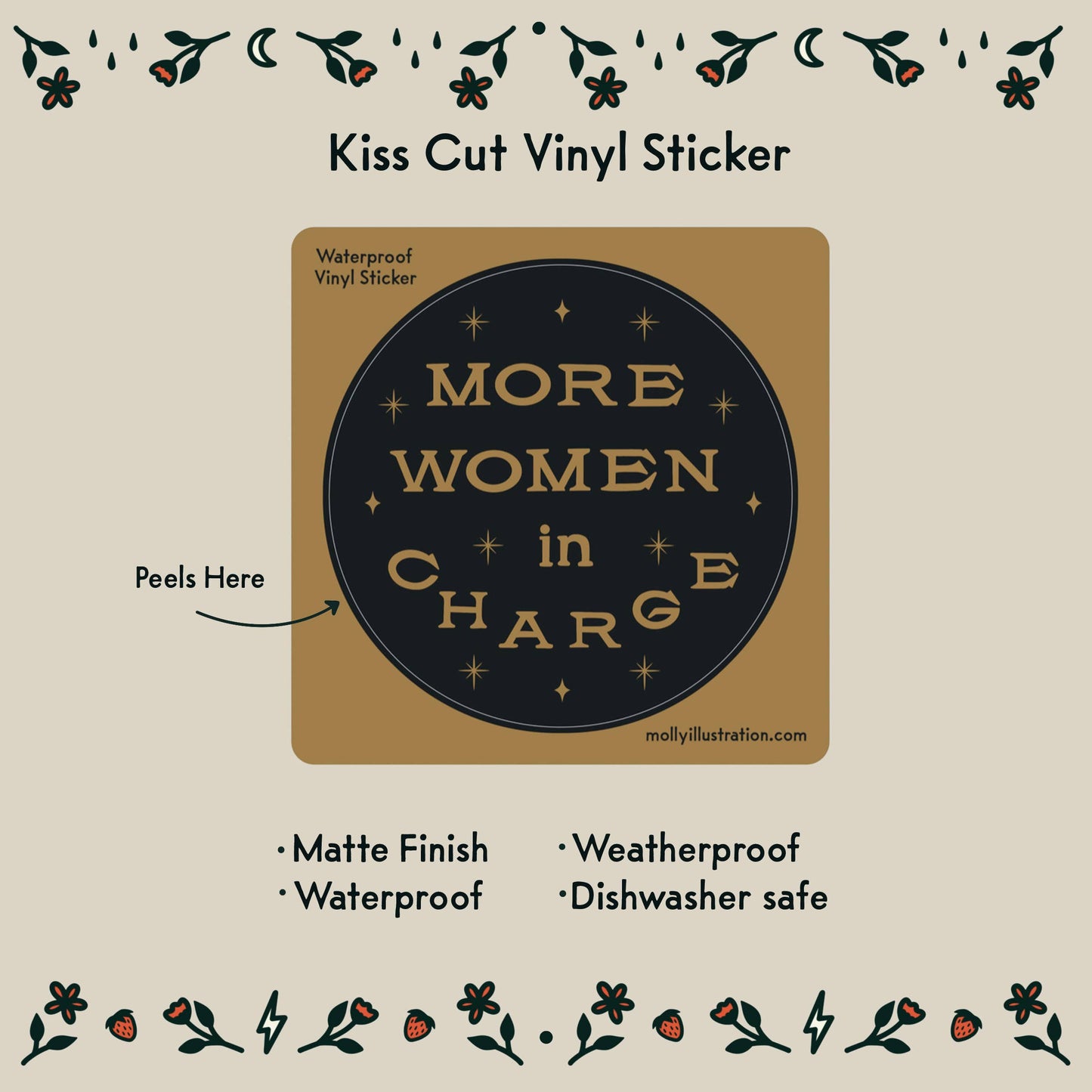Vinyl sticker with 'More Women in Charge' text on a beige background